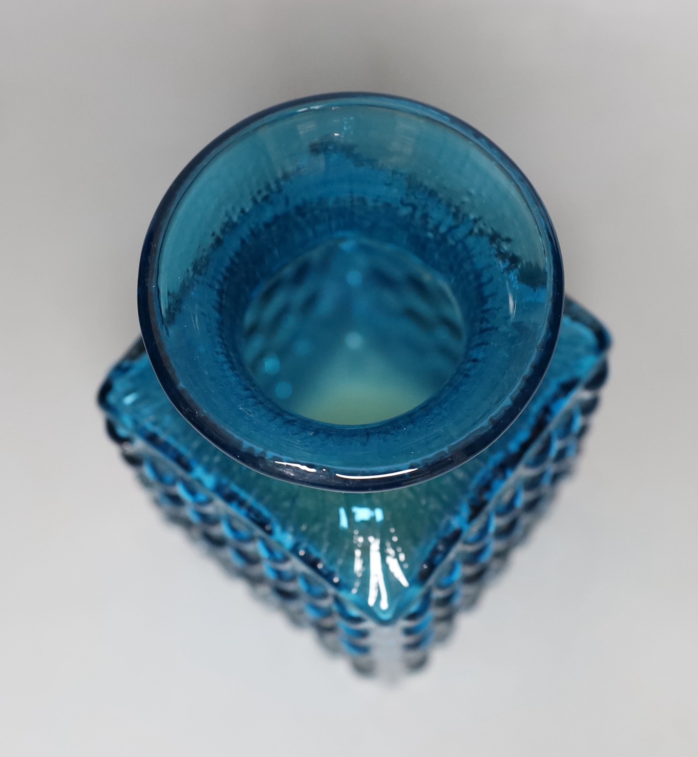A Whitefriars 'Chess' glass vase, designed by Geoffrey Baxter, pattern number 9817, blue glass, 15cm tall